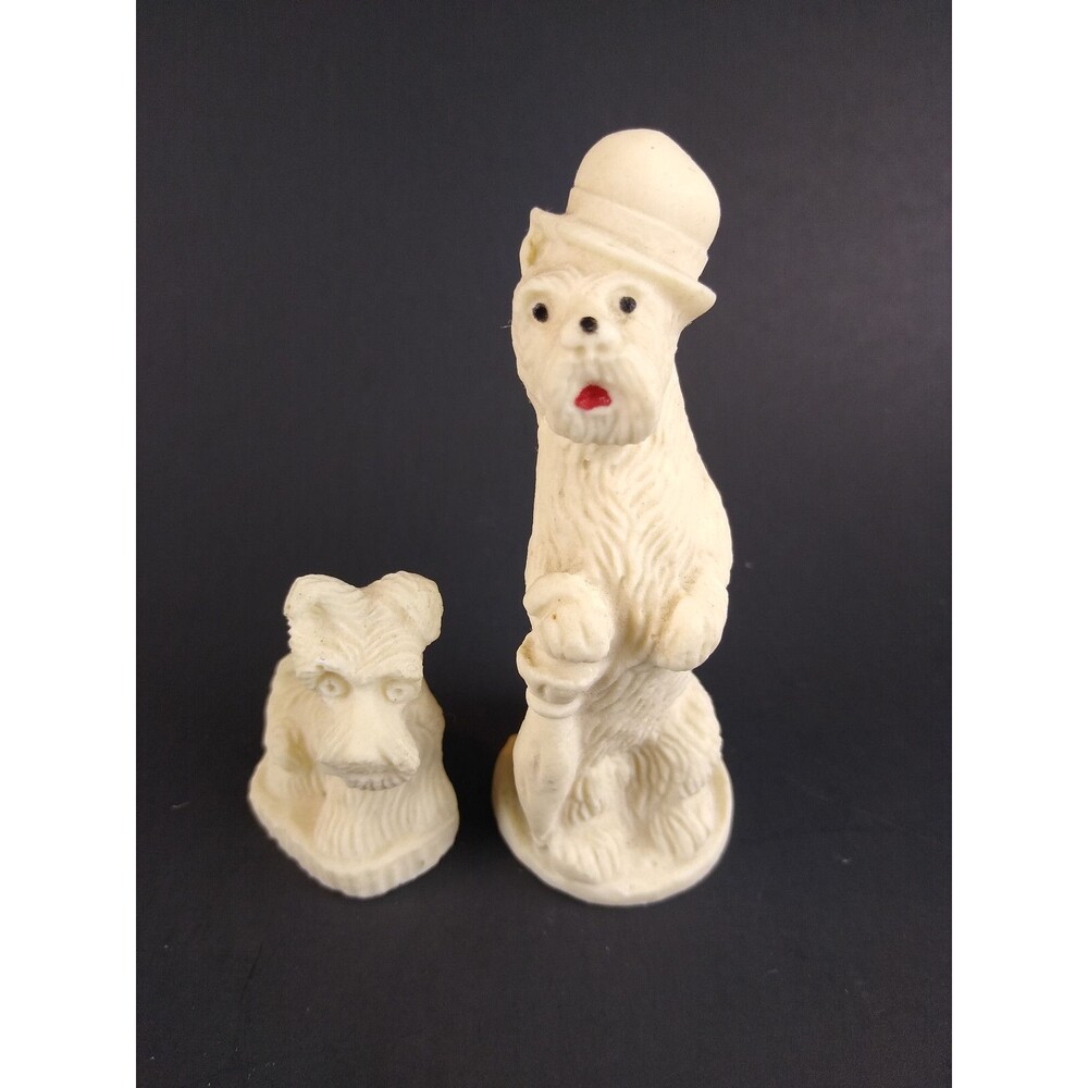 2 Small Vintage Scotty Dog Figure Set Dapper White Scottie wHat Umbrella Figures